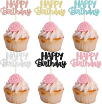 Gyufise 24Pcs Happy Birthday Cupcake Toppers Gold Glitter Celebrating - 6 Colors