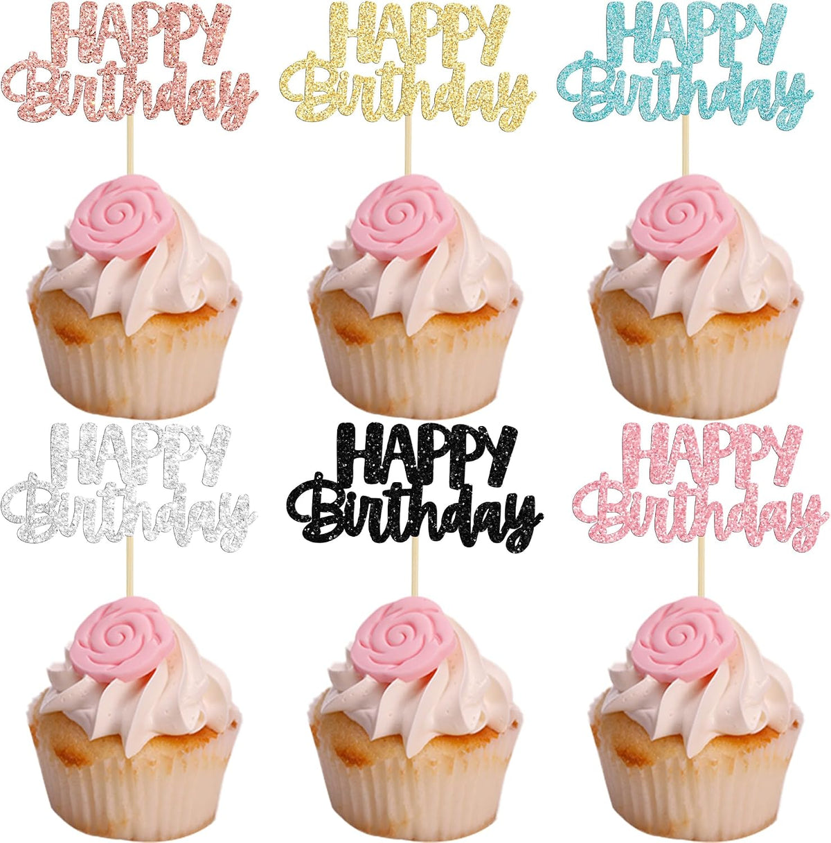 Gyufise 24Pcs Happy Birthday Cupcake Toppers Gold Glitter Celebrating - 6 Colors