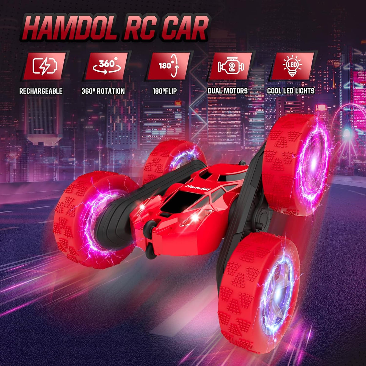 Hamdol Remote Control Car for Kids - Red / Glow (Headlights & Wheel Lights) - image 2