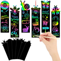 JUNEBRUSHS rainbow scratch art bookmarks with bamboo scratch sticks and colored satin ropes - view 3