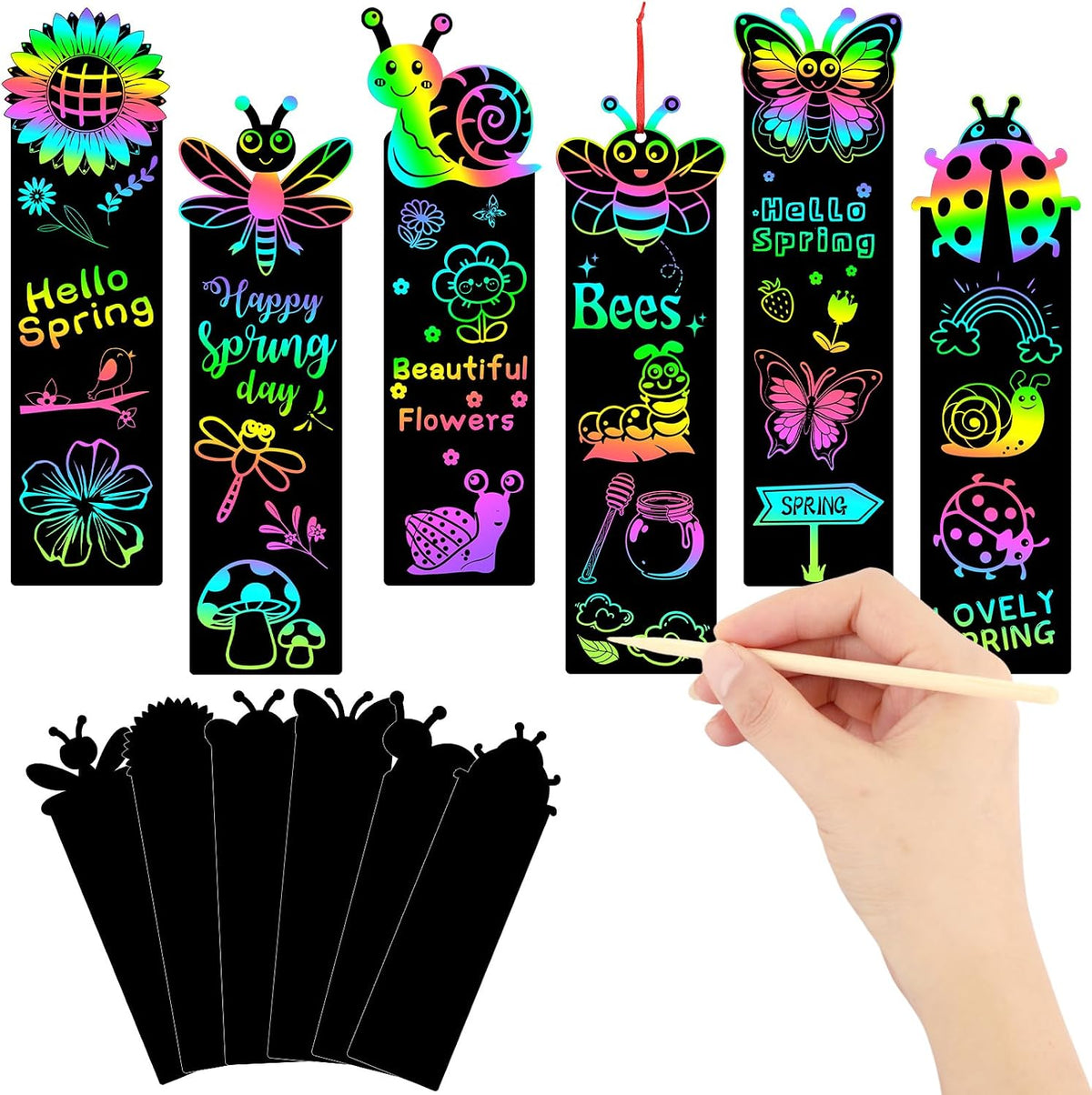 JUNEBRUSHS rainbow scratch art bookmarks with bamboo scratch sticks and colored satin ropes - view 3