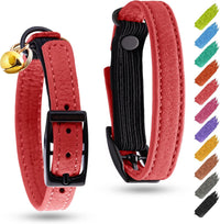 WAUDOG Leather Cat Collar with Bell Elastic Strap Stretchy Kitten - Red / 8"- 12" Without Holder