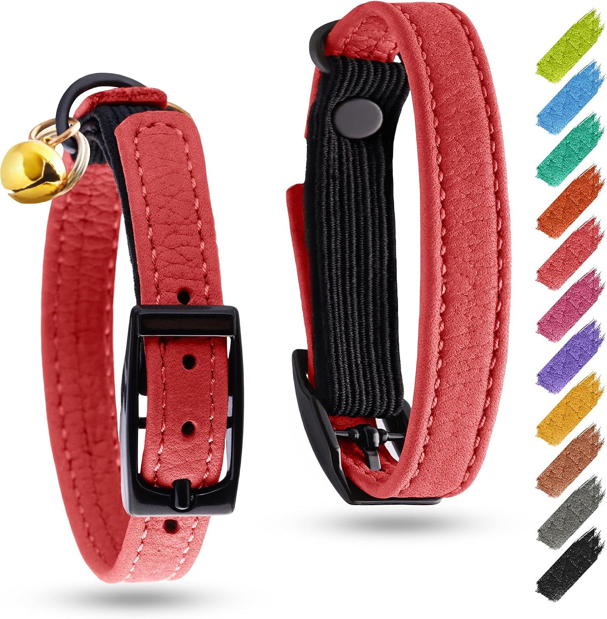 WAUDOG Leather Cat Collar with Bell Elastic Strap Stretchy Kitten - Red / 8"- 12" Without Holder