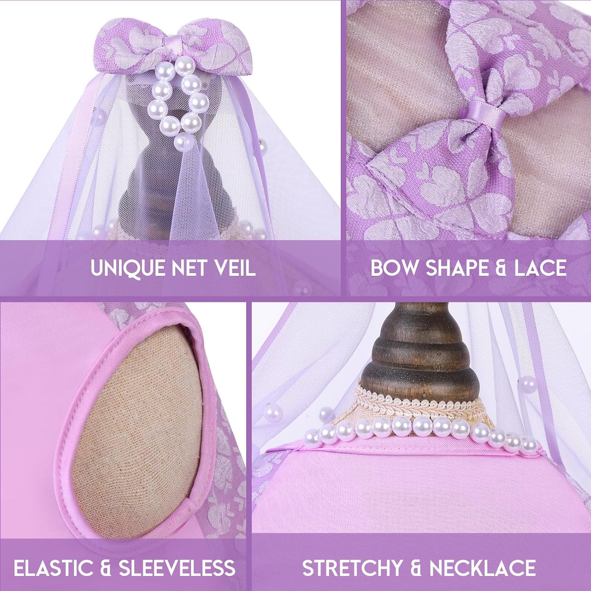 ASENKU Dog Dress, Dog Wedding Dress with Bows, Veil Attachment - Purple / XX-Large - image 3