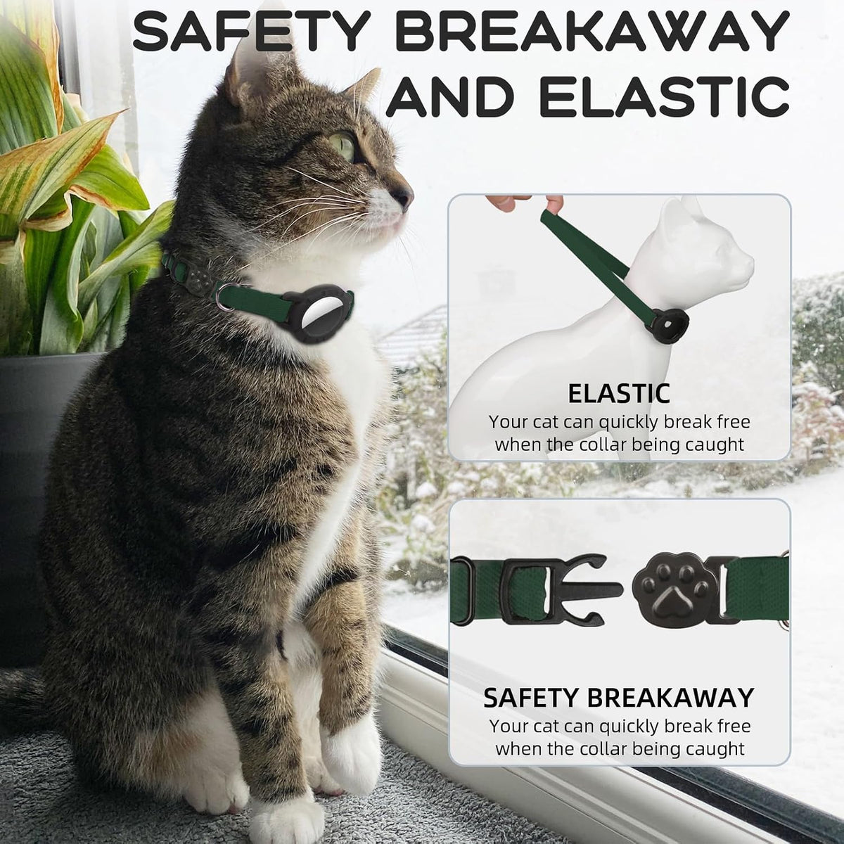 AirTag Cat Collars, Stretchy Collar with Air Tag Holder and Bell – Essentials for Cats - Forest Green - image 4