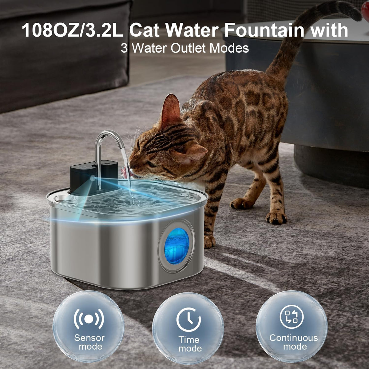 Cat Water Fountain Wireless, Stainless Steel-Rechargeable - Fountain + 1 filter+ 1Sponge - image 4