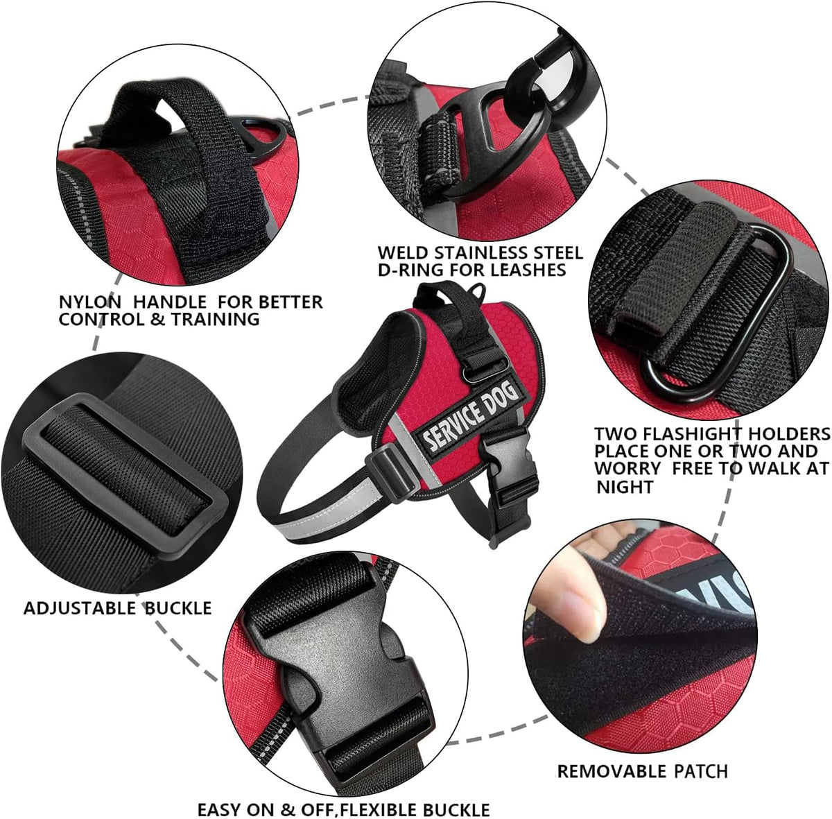 JSXD Dog Harness,No-Pull Service Dog Harness with Handle Adjustable Outdoor Pet Dog Vest 3M - XL / Red - image 2