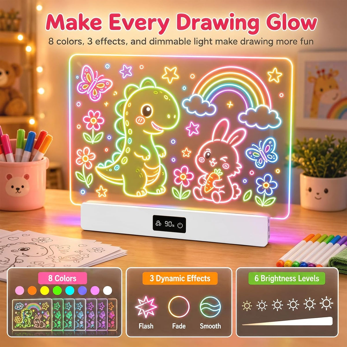 OUTON 16 inch rechargeable LED drawing board for kids in white with glowing doodles - view 4