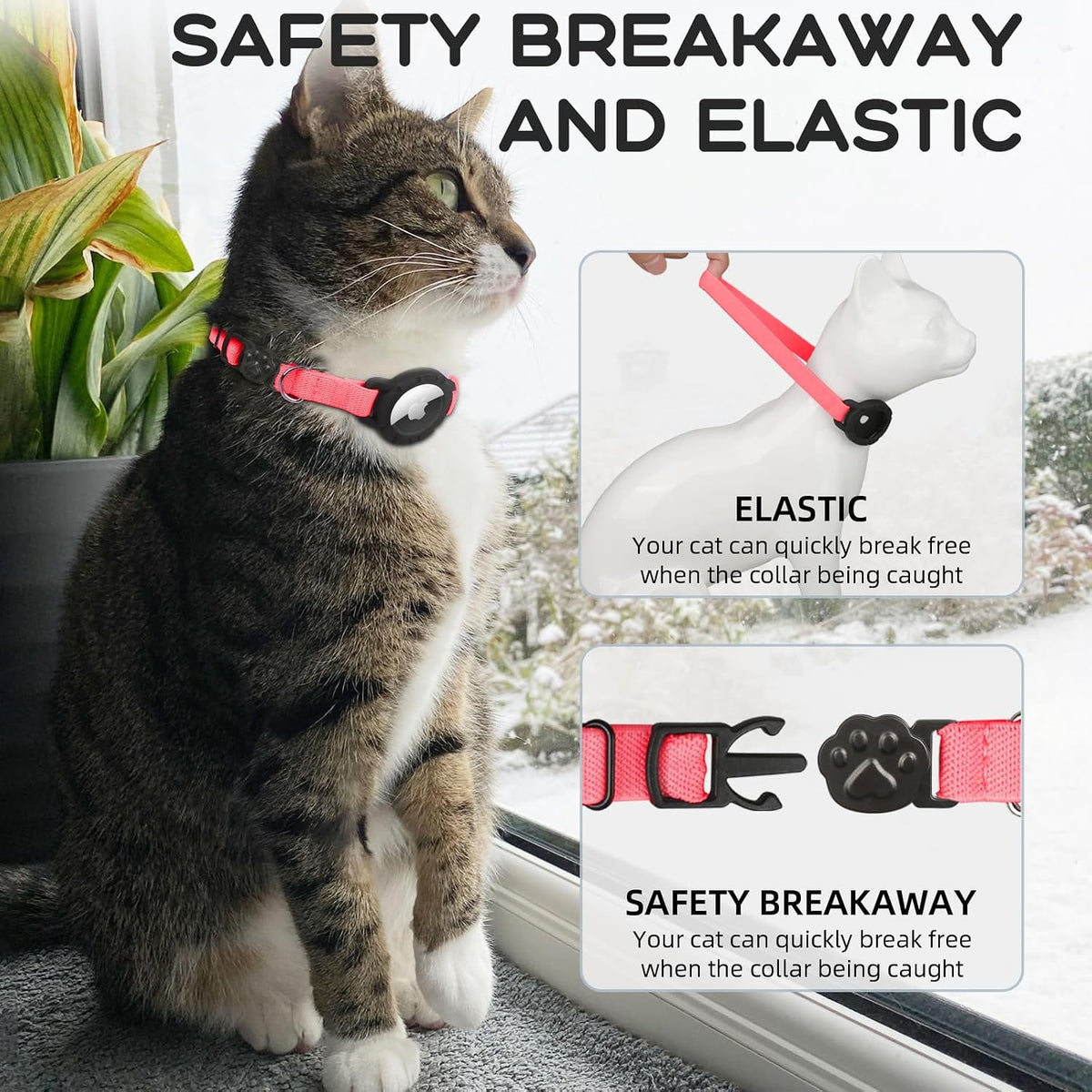 AirTag Cat Collars, Stretchy Collar with Air Tag Holder and Bell – Essentials for Cats - Hot Pink - image 2
