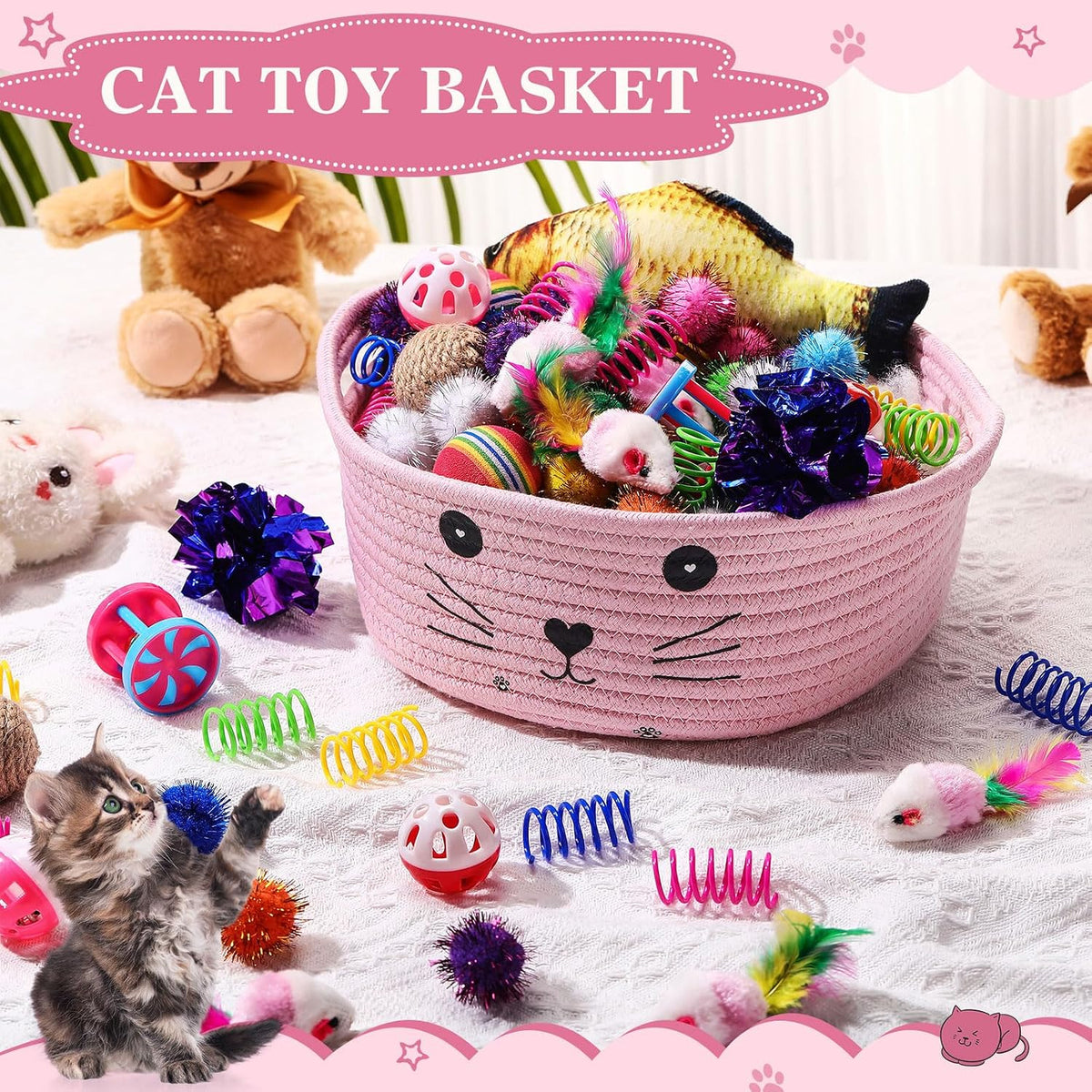 Zopeal 58 Pcs Cat Toy Set with Storage Basket Indoor, Grey - Pink / 9.8 Inch - image 3