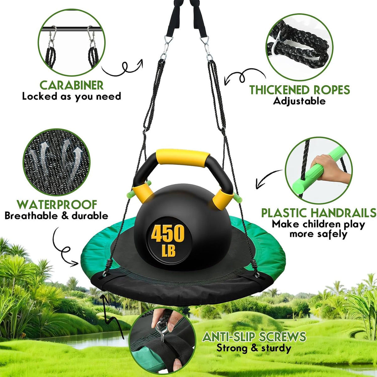TBMLC 24 Inch Diameter Round Black Saucer Swing/Tree Swing Armrest - 48 inch diameter / Black+dark Green - image 3