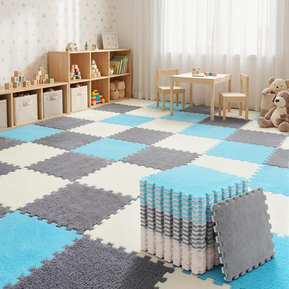 Amylove 18 Pcs Plush Foam Interlocking Carpet Tiles, Beige, Pink - White, Gray, Blue
