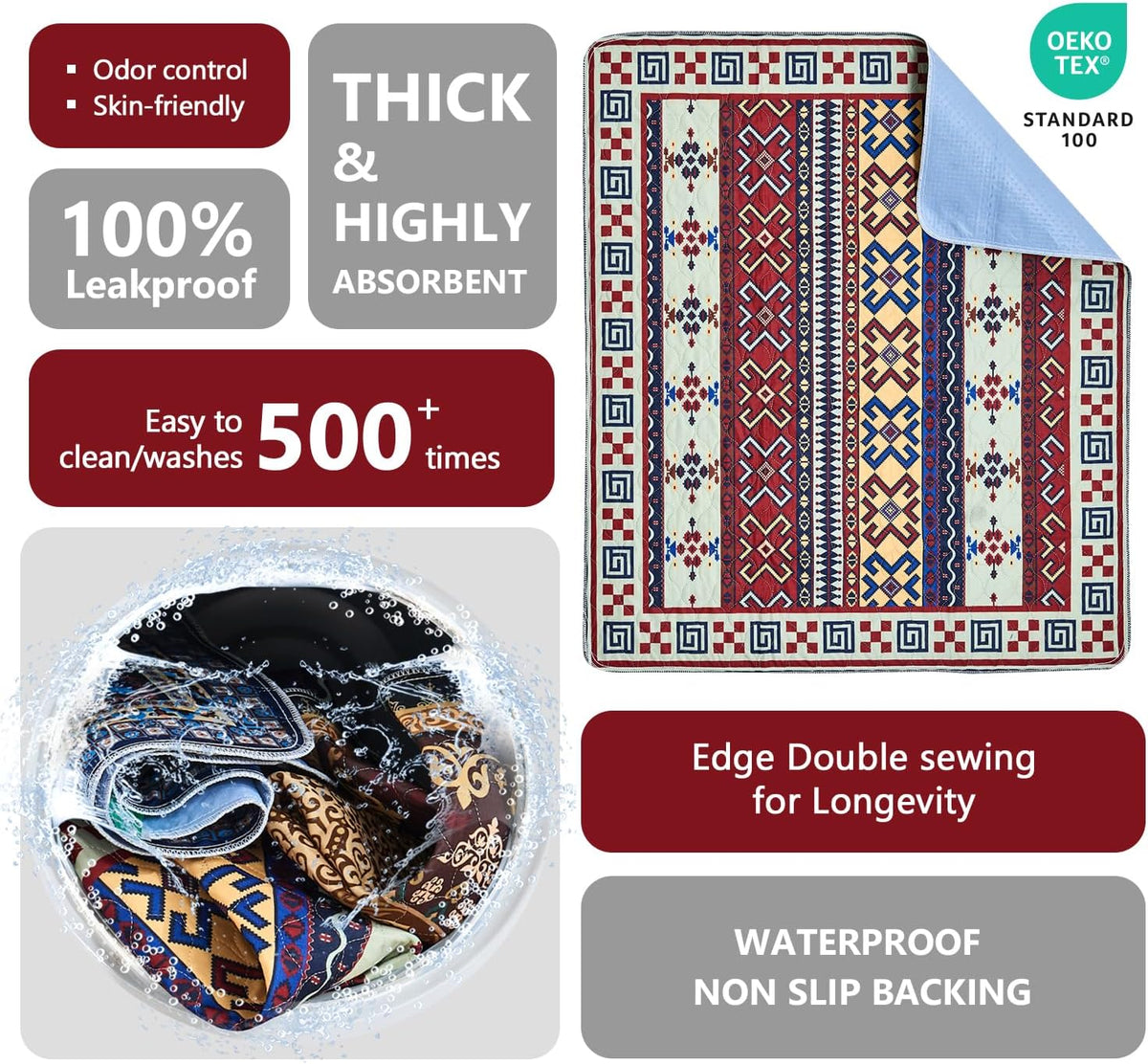 Washable Pee Pads, Super Absorbent Puppy Pads - Red Medallion / 72"*72"(Pack of 1) - image 4