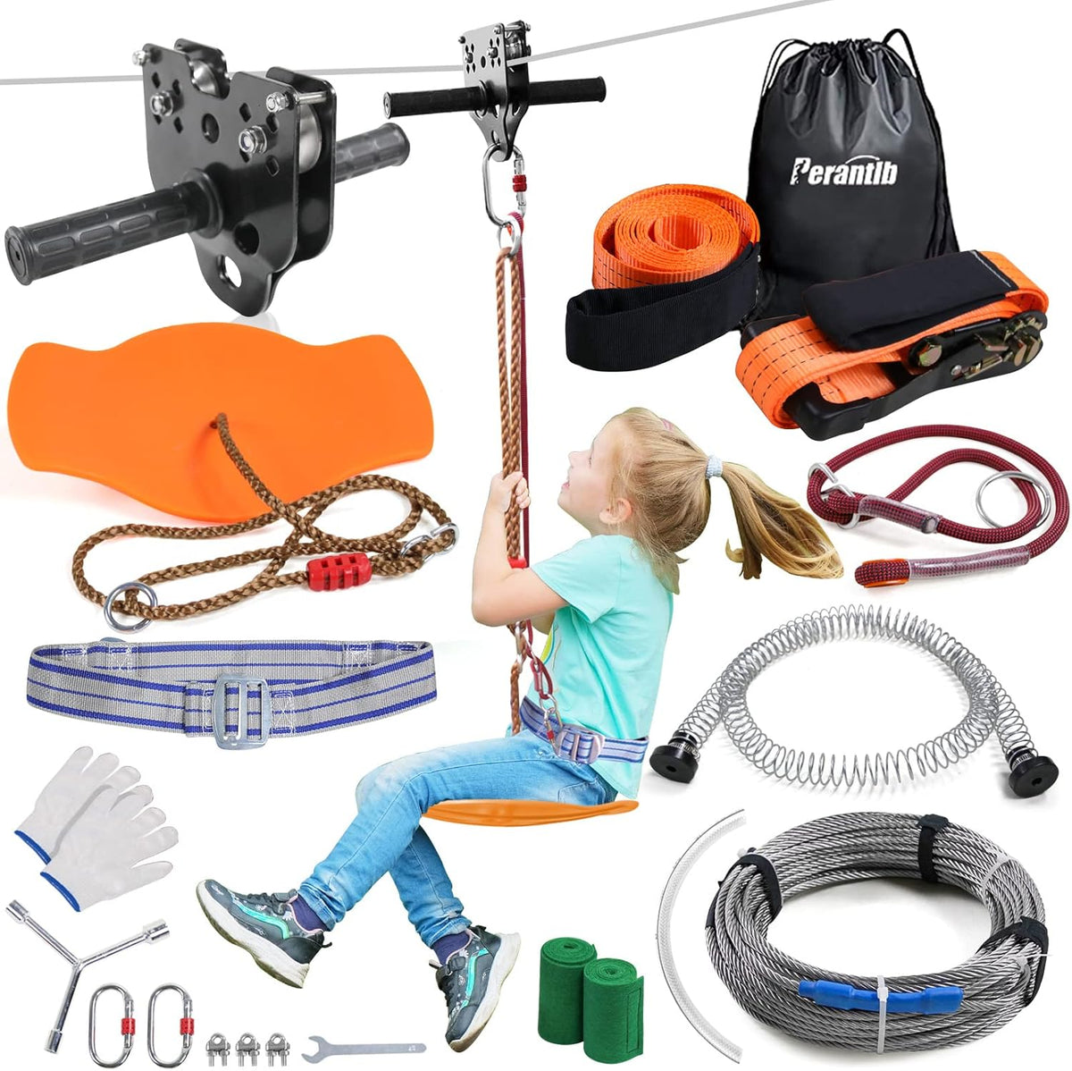 Perantlb backyard zipline kit with stainless steel cable, trolley, seat and spring brake