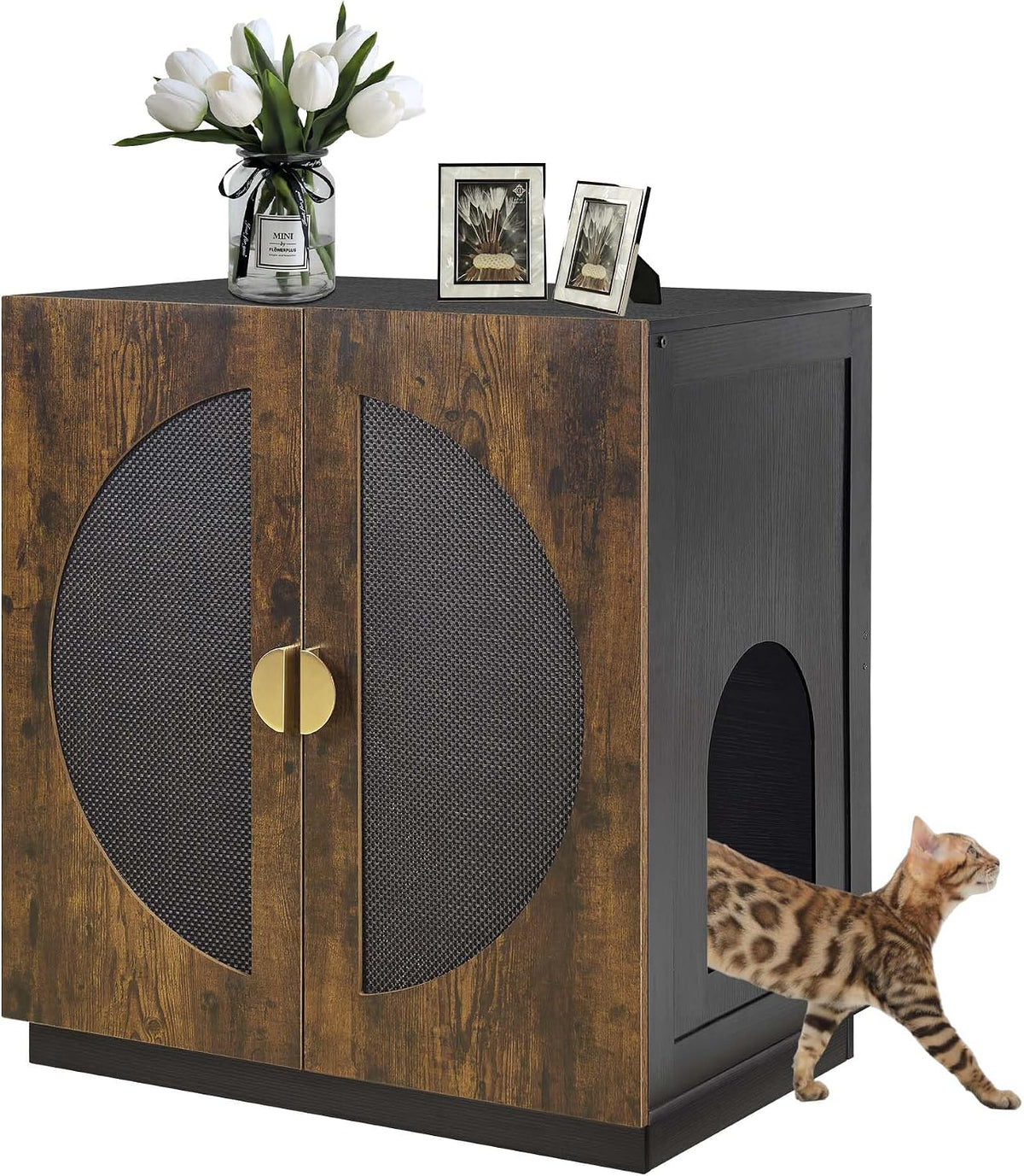 unipaws Cat Litter Box Enclosure Furniture - Rustic and Black / Extra Tall