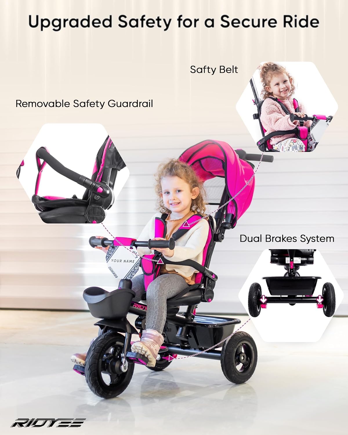 RIDYEE 7-in-1 toddler tricycle with push handle, canopy and rubber tires - view 10