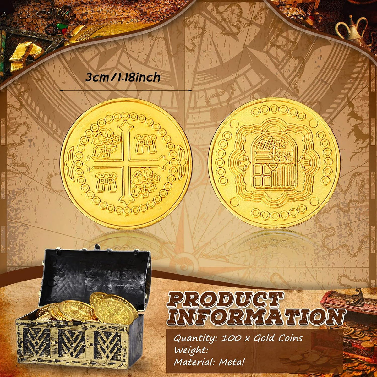 Hanaive 100 Pcs Metal Pirate Treasure Coins - Gold / Round - image 2