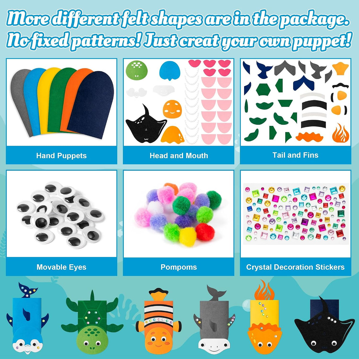 WATINC Hand Puppet Making Kit, Felt Sock Puppet Toys for Kids – Fun for Kids & Family - Ocean Animals A - image 3