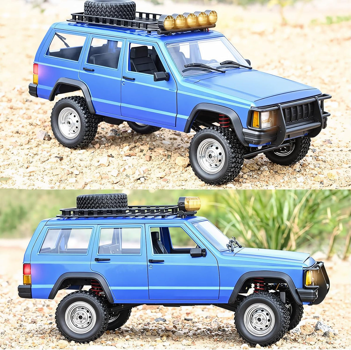 Goolsky silver 1:12 scale RC rock crawler with LED lights on rocky ground - view 3
