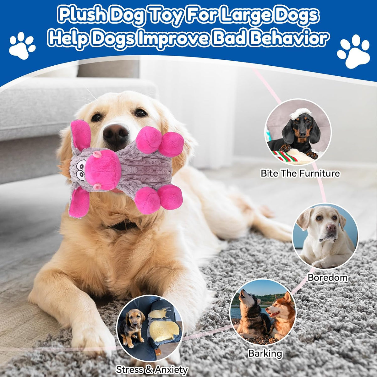 loncoldy Plush Chew Toys for Large Dogs - gray & pink - image 4