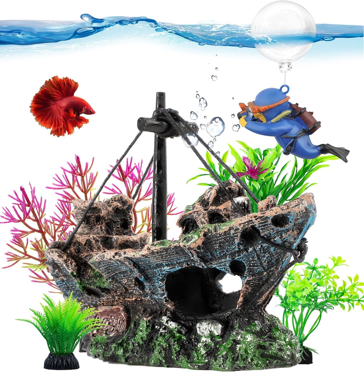 6 Pcs Aquarium Decor Set Shipwreck Decoration Little Diver Floating - 6 Pcs