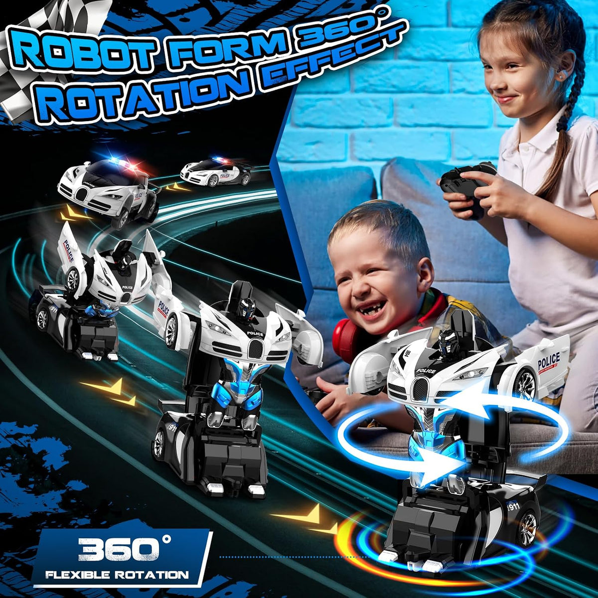 AONEPTR transforming remote control car robot toy in red with LED lights - view 4
