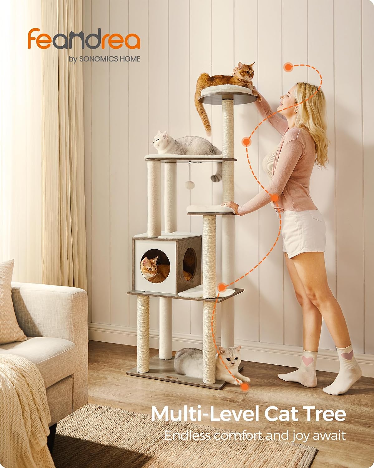 Feandrea Cat Tree, 64.6-Inch Multi-Level Tower with 5 Scratching Posts – Essentials for Cats - Heather Greige - image 2