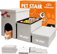 Dog Stairs with Condo 18" H, 3-Step Wider Dog Steps for High Beds Couch, Folding Storage Pet Stairs Gift for Small/Medium/Large Old Dogs Cats, Ramp for Climbing Car Up to 200 lbs, Beige