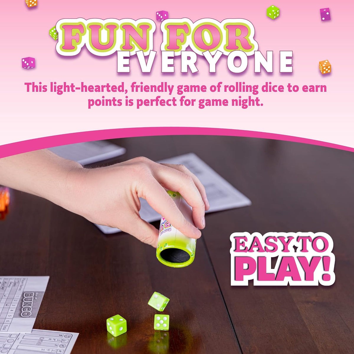 Continuum Games Retro Bunco game kit with colored dice, dice cups, silver bell and score pad