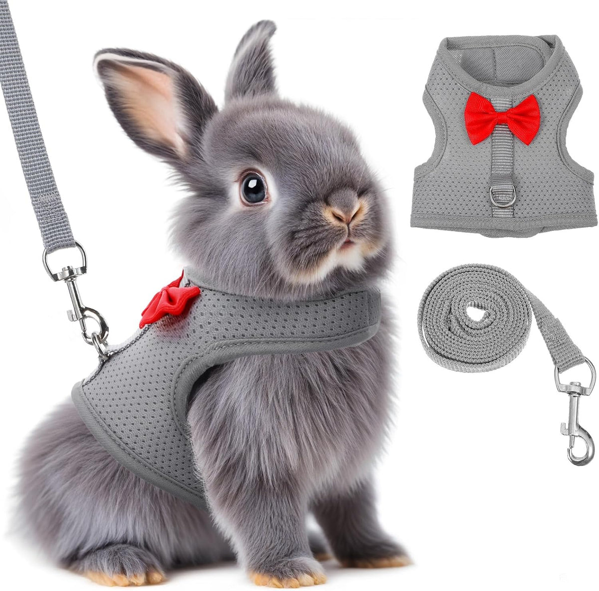 Prasacco grey size M bunny harness and leash set with mesh vest