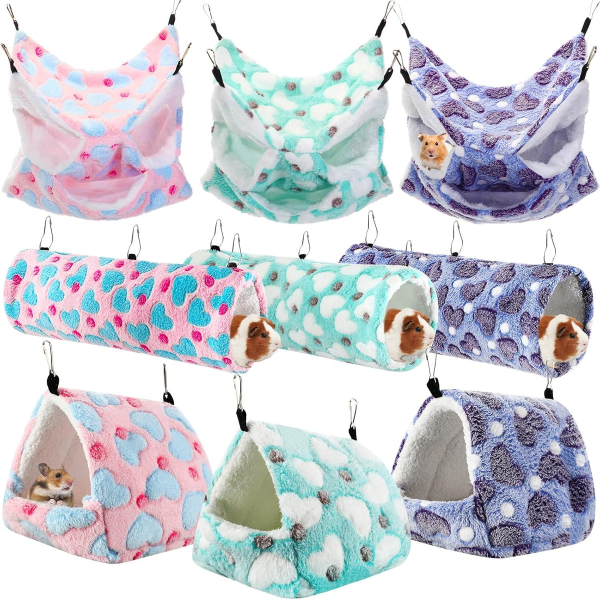 Abbylike 9 Pieces Rat Hammock 3 Tier Guinea Pig Ferret Hammocks Small - Green, Purple, Pink / Hearts