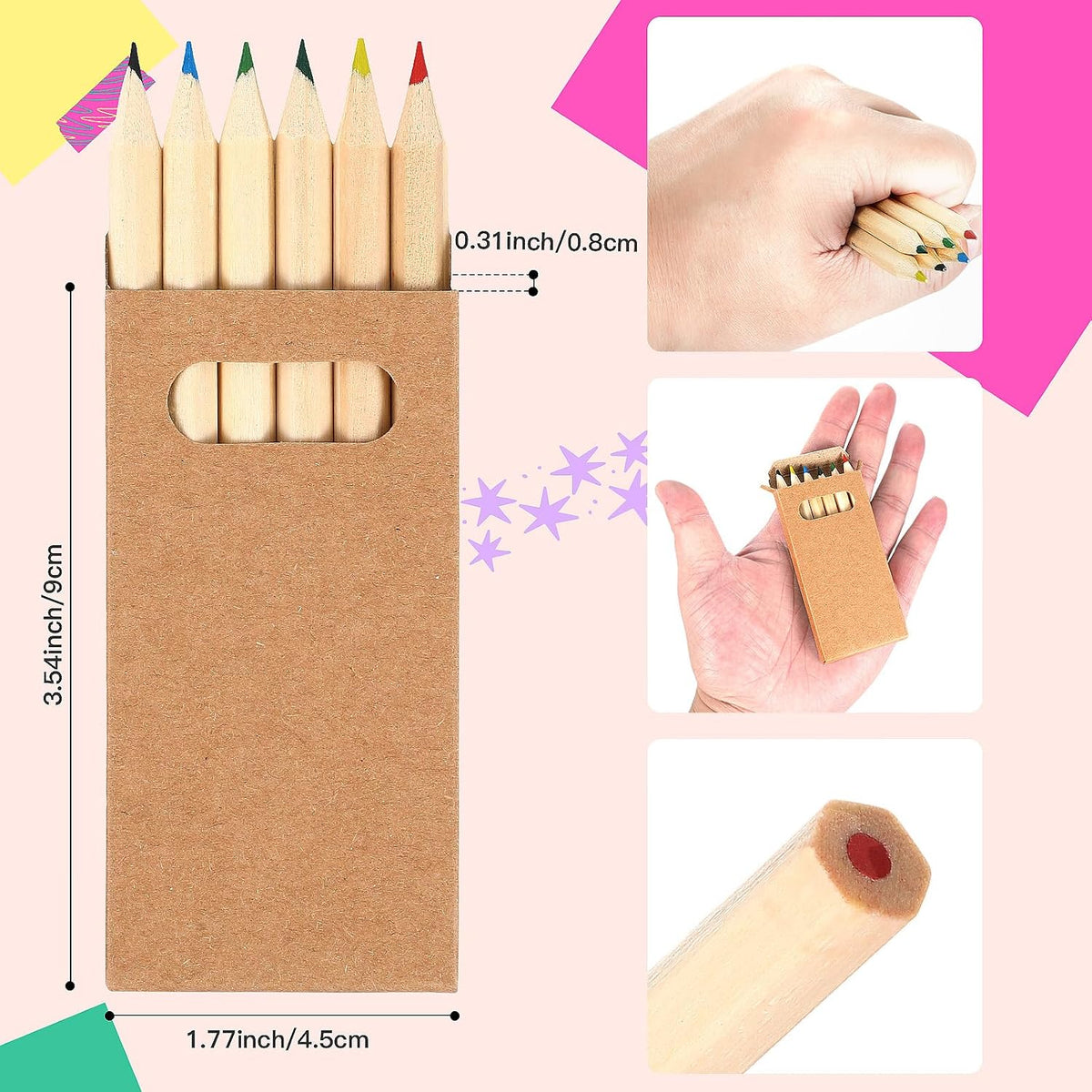Faccito mini colored pencils bulk pack, small paper boxes of 6 short wooden pencils - view 7