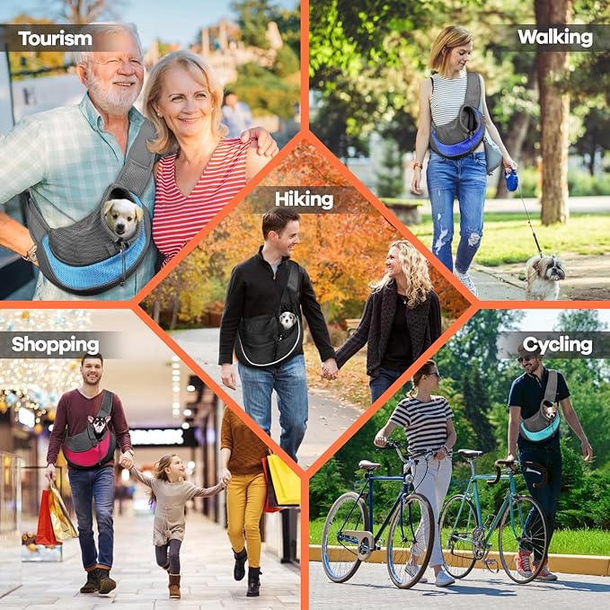 YUDODO Pet Sling Carrier for Small Dogs & Cats – Hands-Free Puppy Carrier with Safety Hook, Large Zipper Pocket, Soft Breathable Mesh, Adjustable Strap & Reflective Strip (Cyan 1.0 L)