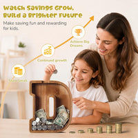 KMC wooden letter piggy bank, oak initial coin bank with clear plexiglass front - view 21