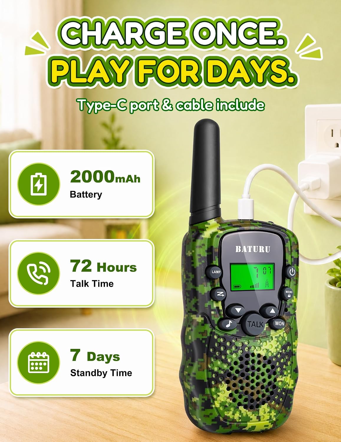 Walkie Talkies for Kids 4 Pack Rechargeable Outdoor Toys Gifts Boys - Camo Blue Pink Yellow Green - image 3