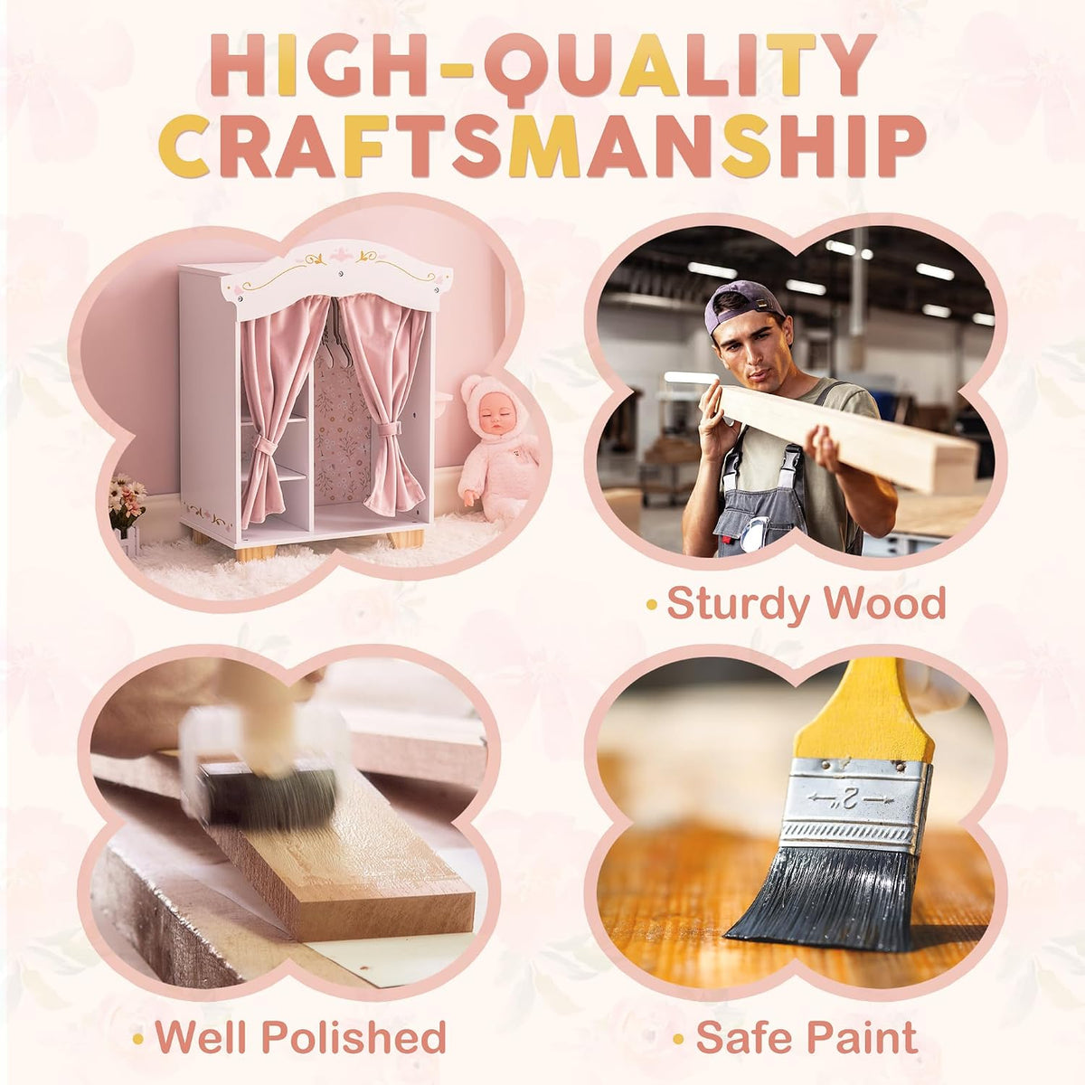ROBOTIME pink and white wooden baby doll high chair for 18 inch dolls - view 4