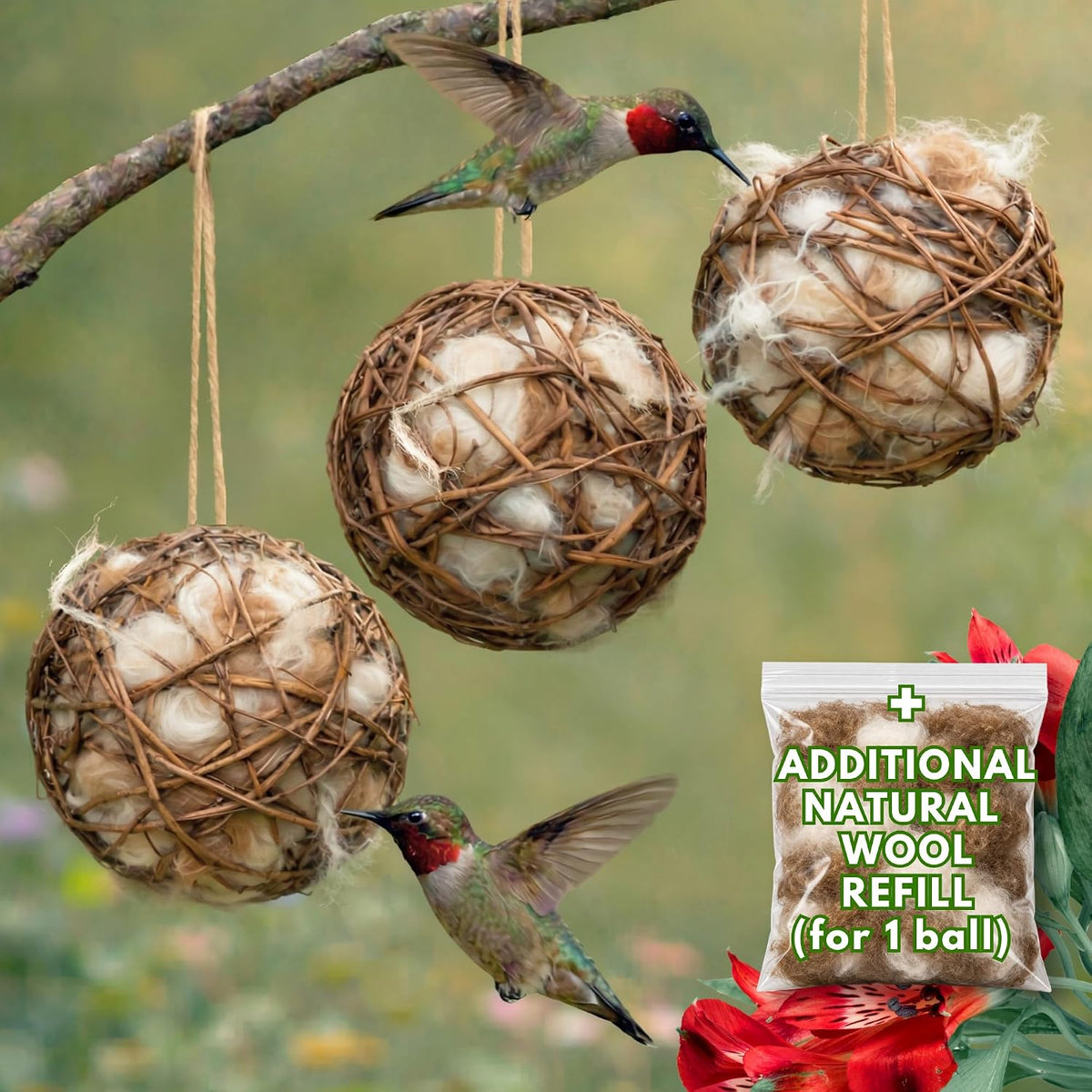 Bird Nesting Material Holder for Hummingbirds - 3 Balls Safe Nesting Starter Kit