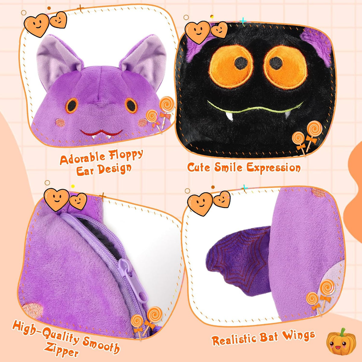 MIAODAM 11 inch reversible Halloween bat plush in purple - view 29
