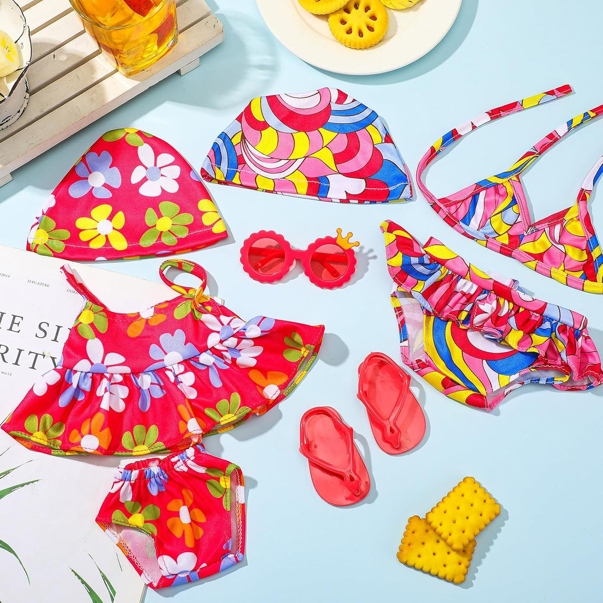 Kajaia 8 Pcs 18 Inch Doll Swimsuits Clothes and Accessories – Fun for Kids & Family - Bright Pink / Lovely - image 2