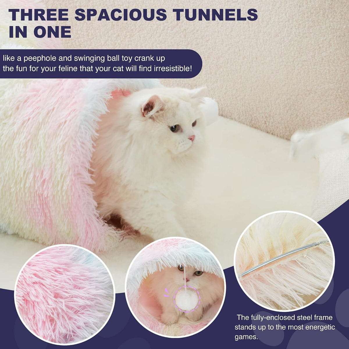 Tempcore Cat Tunnel, 3-Way Collapsible Toy for Indoor Cats - Plush Rainbow / Small - image 3