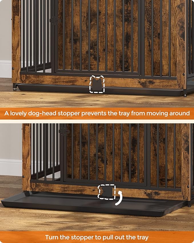 Feandrea Dog Crate Furniture, 38 Inches Dog Kennel for Dogs up to 70 lb, with Removable Tray, Heavy-Duty Dog Cage End Table, Double Doors Dog House, Rustic Brown UPFC013X01
