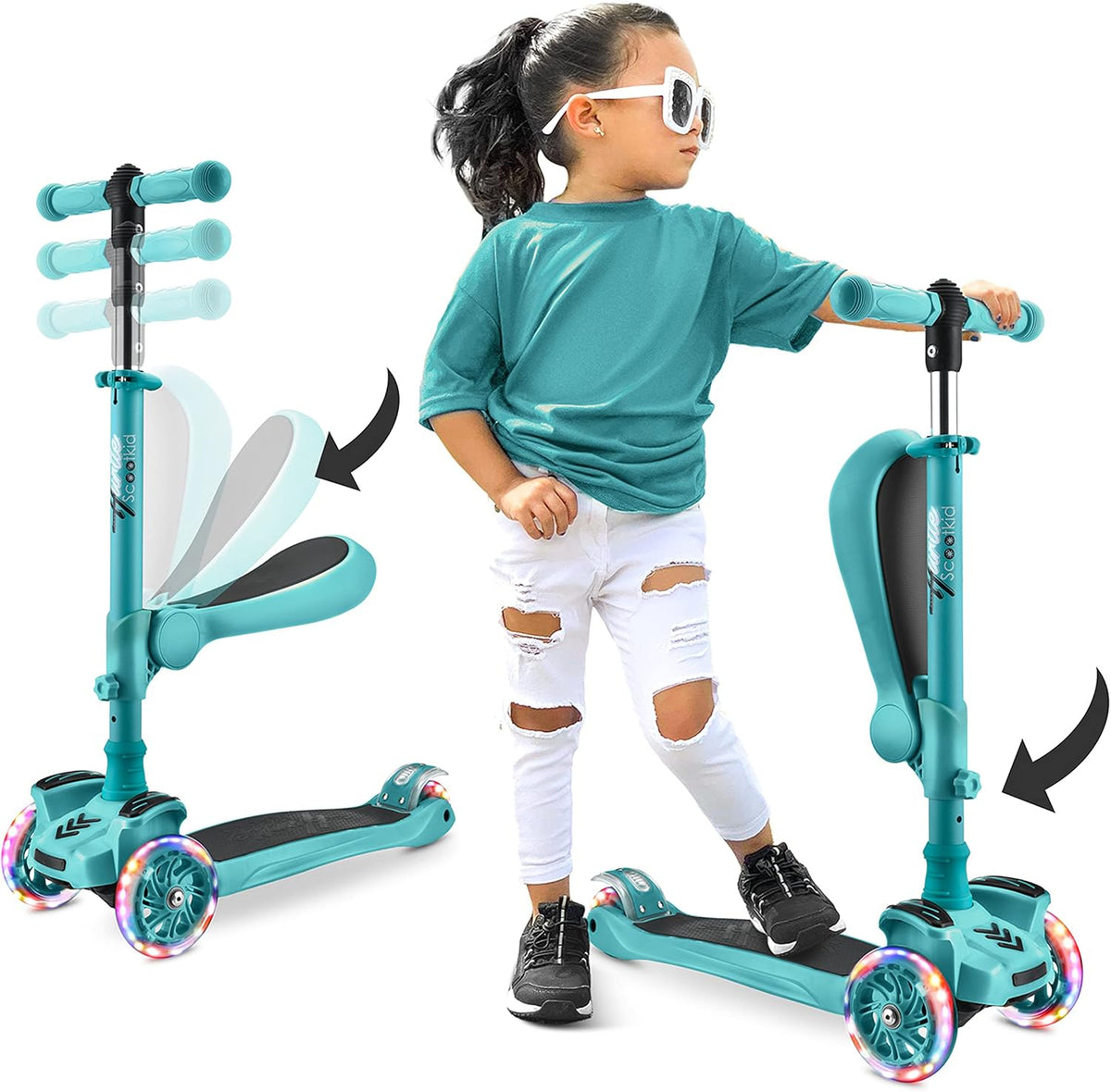 Hurtle 3-Wheeled Scooter for Kids, Wheel LED Lights - Teal