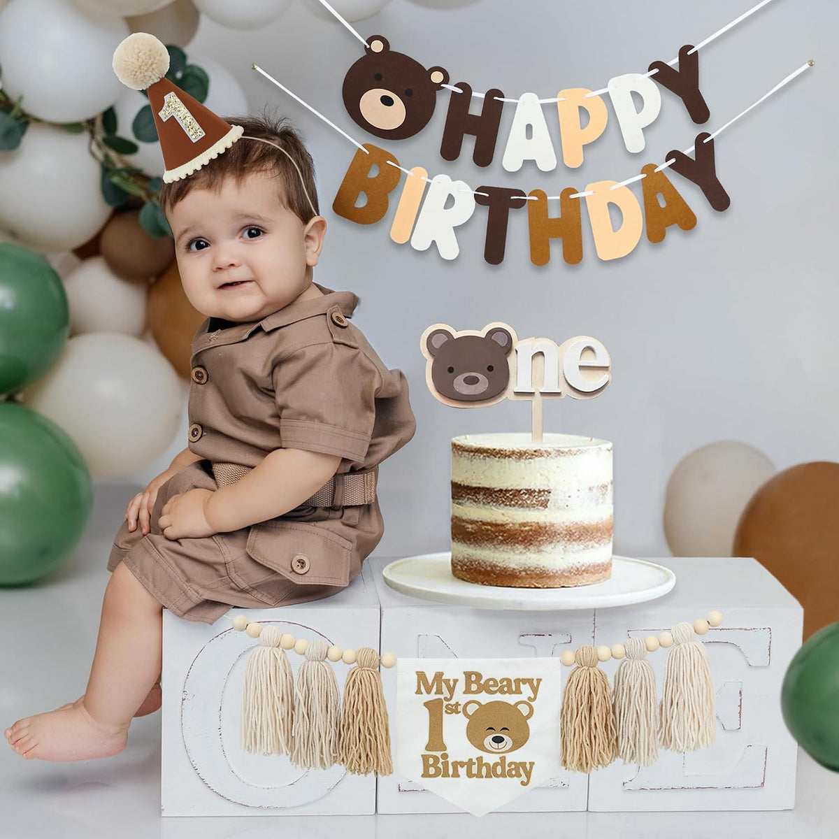 DCJHFJ First Birthday Decorations for Boy Highchair Banner One - White Beige Khaki - image 4