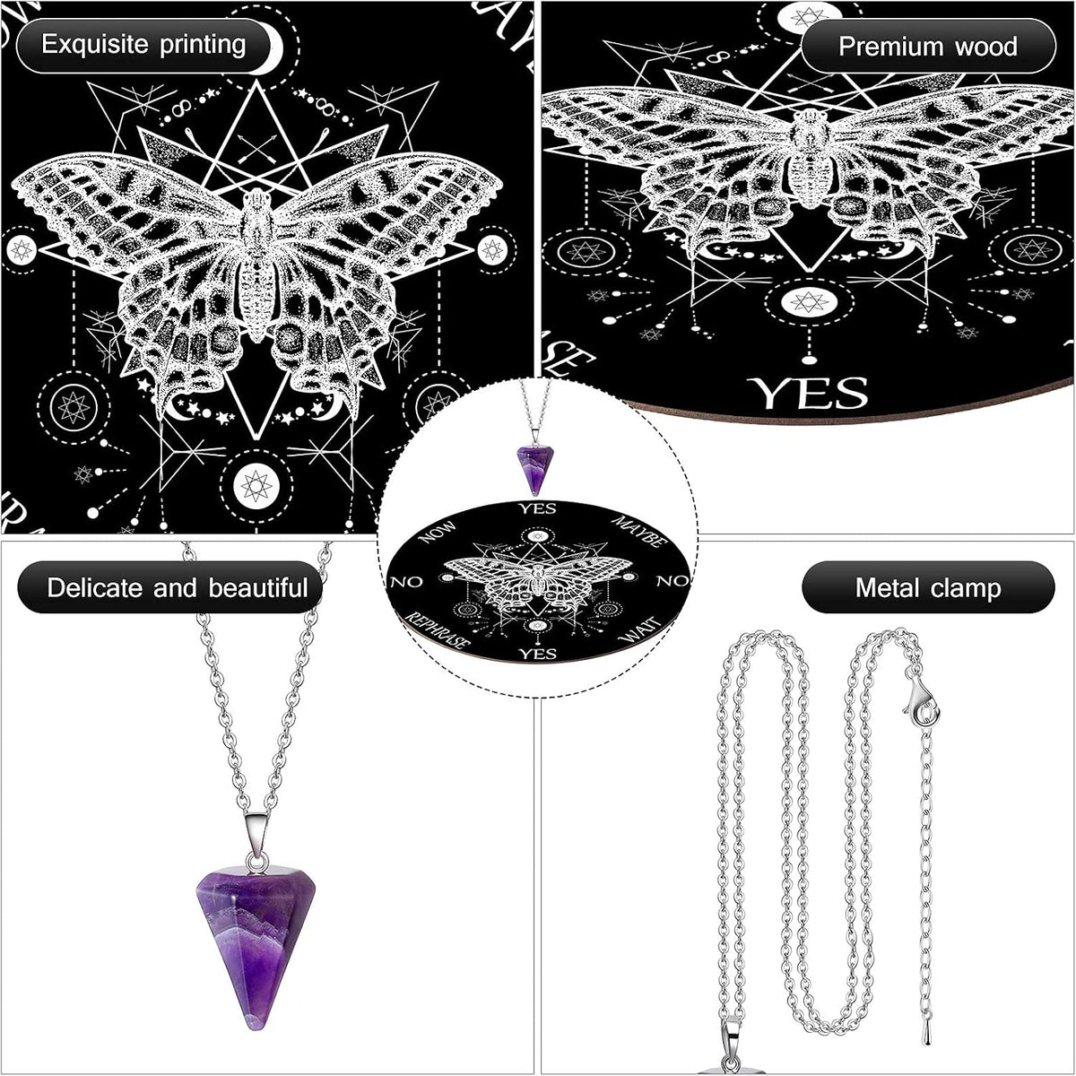 Blulu Pendulum and Board Wooden Dowsing Set Crystal Necklace Wiccan - Black - image 3