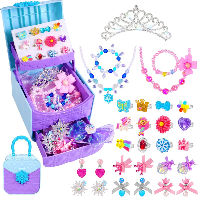 PinkSheep kids jewelry set for girls with 3-drawer box, rings, necklaces and princess crown
