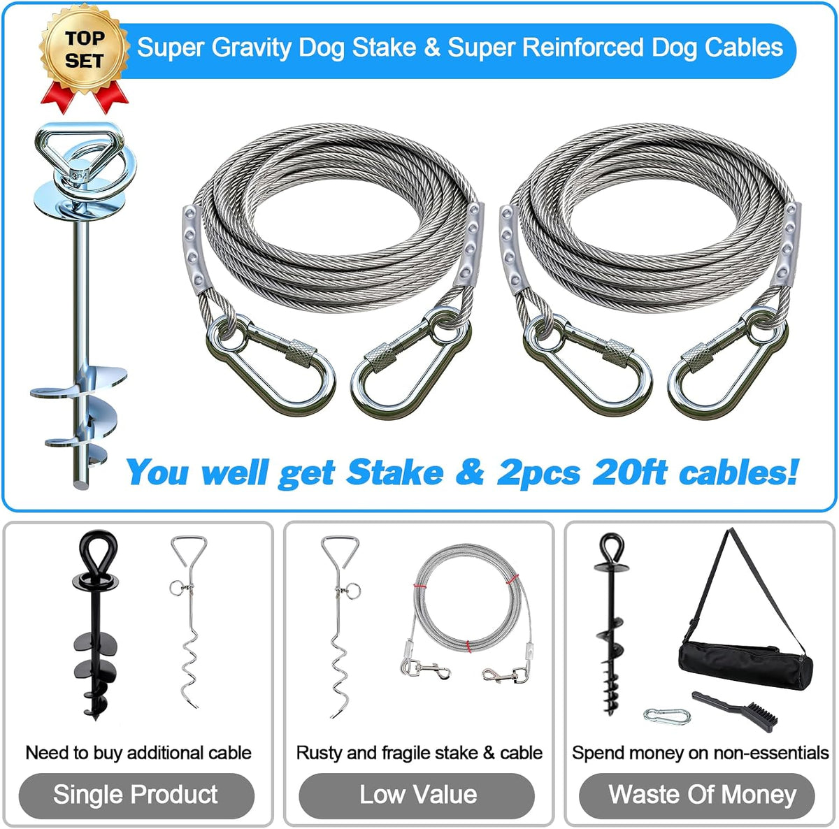Dog Tie Out Cable and Stake for Camping - dog stake+2pcs 20ft Cable - image 2