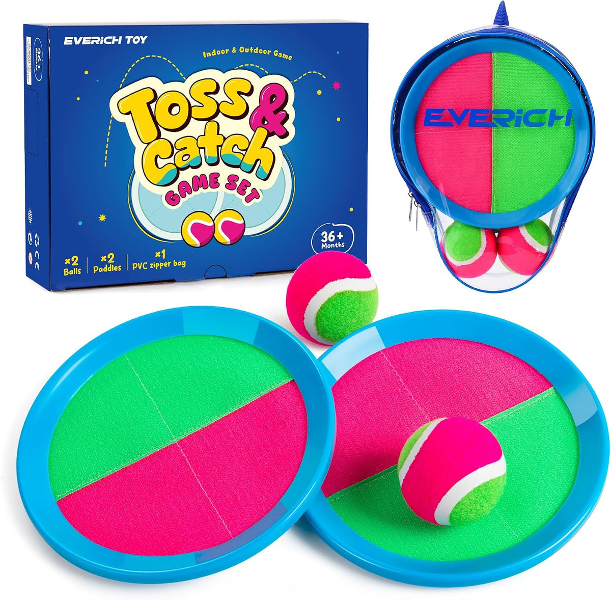 EVERICH TOY Toss and Catch Ball Game Set - Pink Green / 2 Paddles 2 Balls