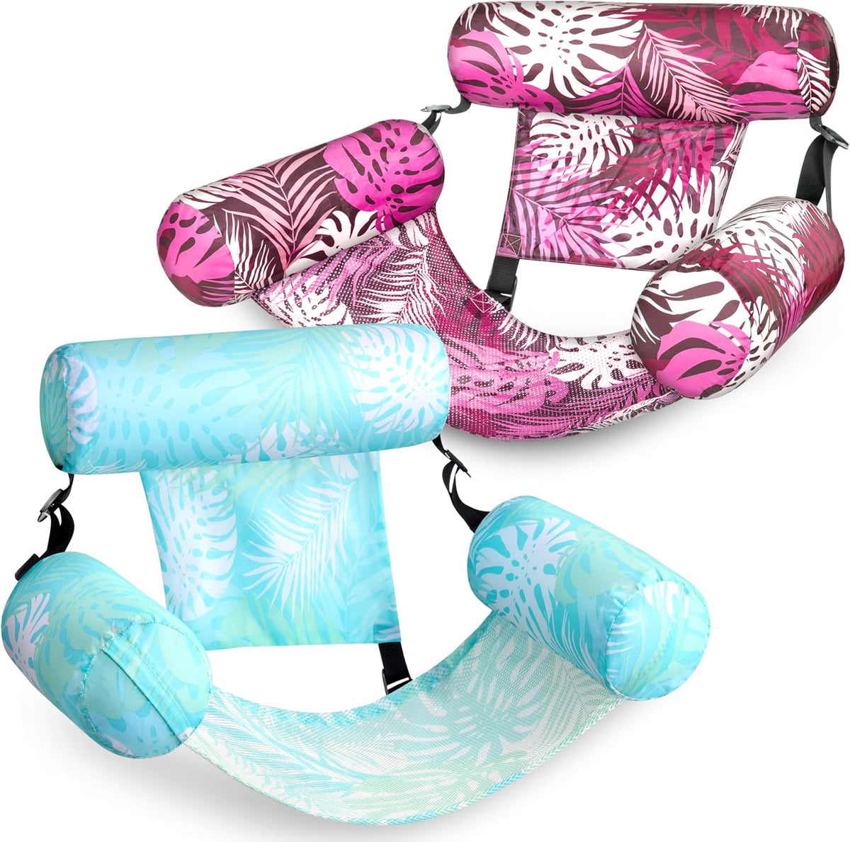 SLOOSH Inflatable Pool Floats Adult - Cyan, Pink-Tropical Leaves