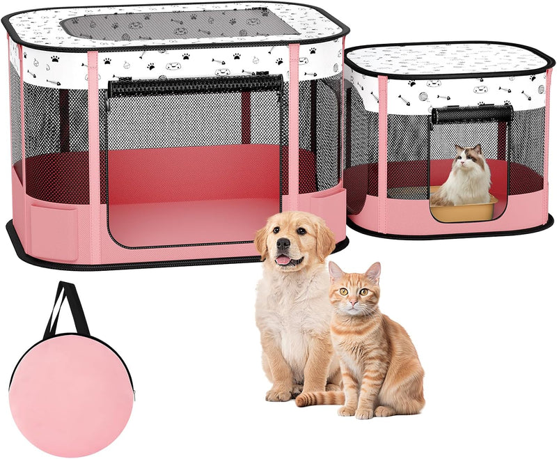 Portable Cat Playpen, 8-Rod Reinforced Kitten Dog Playpens - Pink