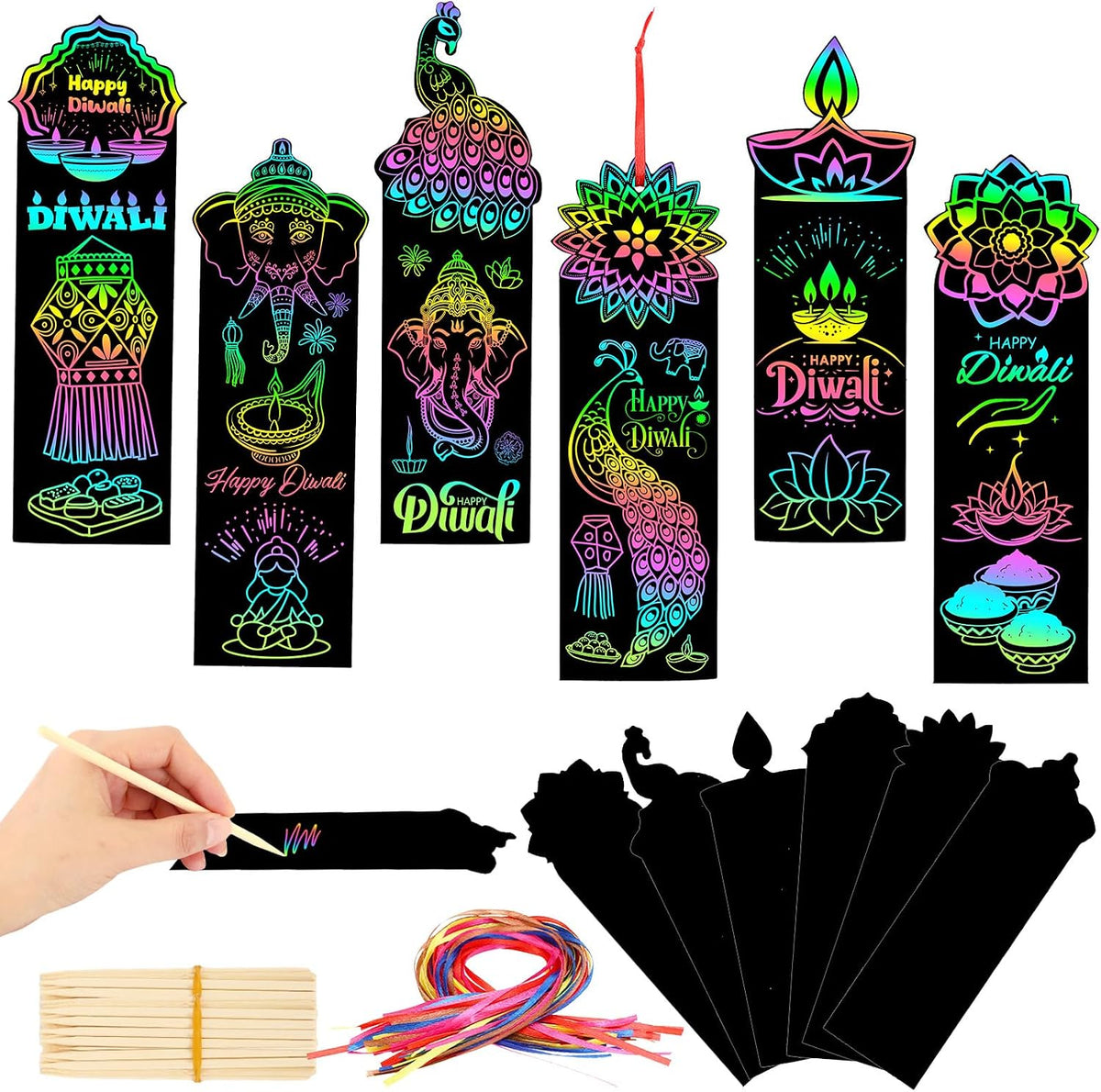 AUGSUN fall rainbow scratch art bookmarks with pumpkin and leaf designs - view 2